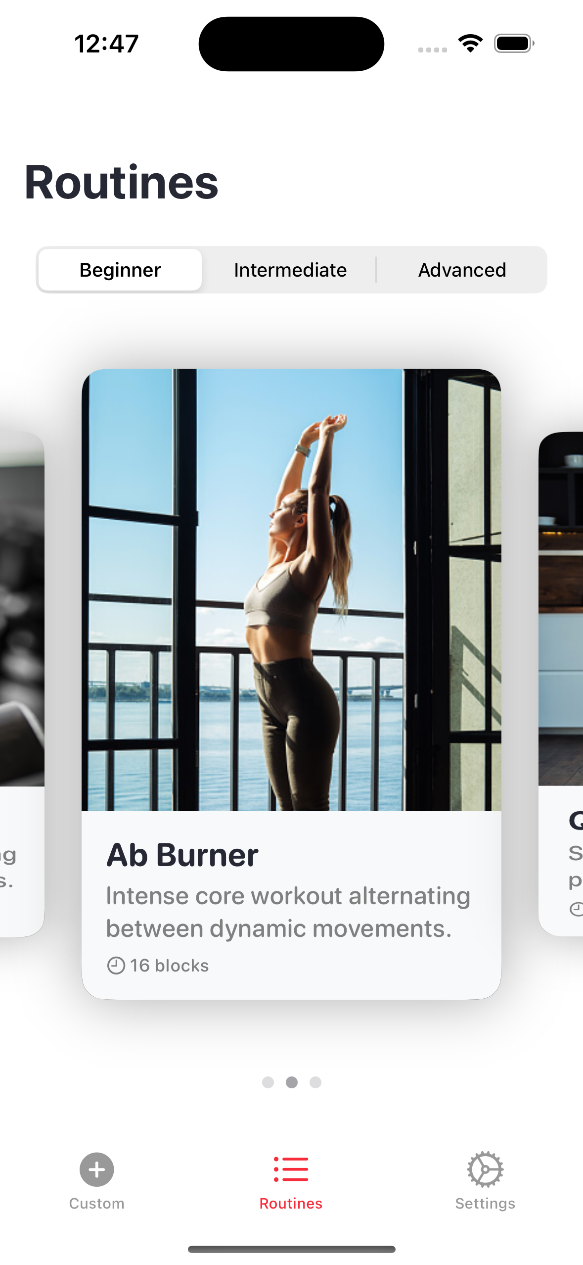 Preset workout routines grouped by difficulty